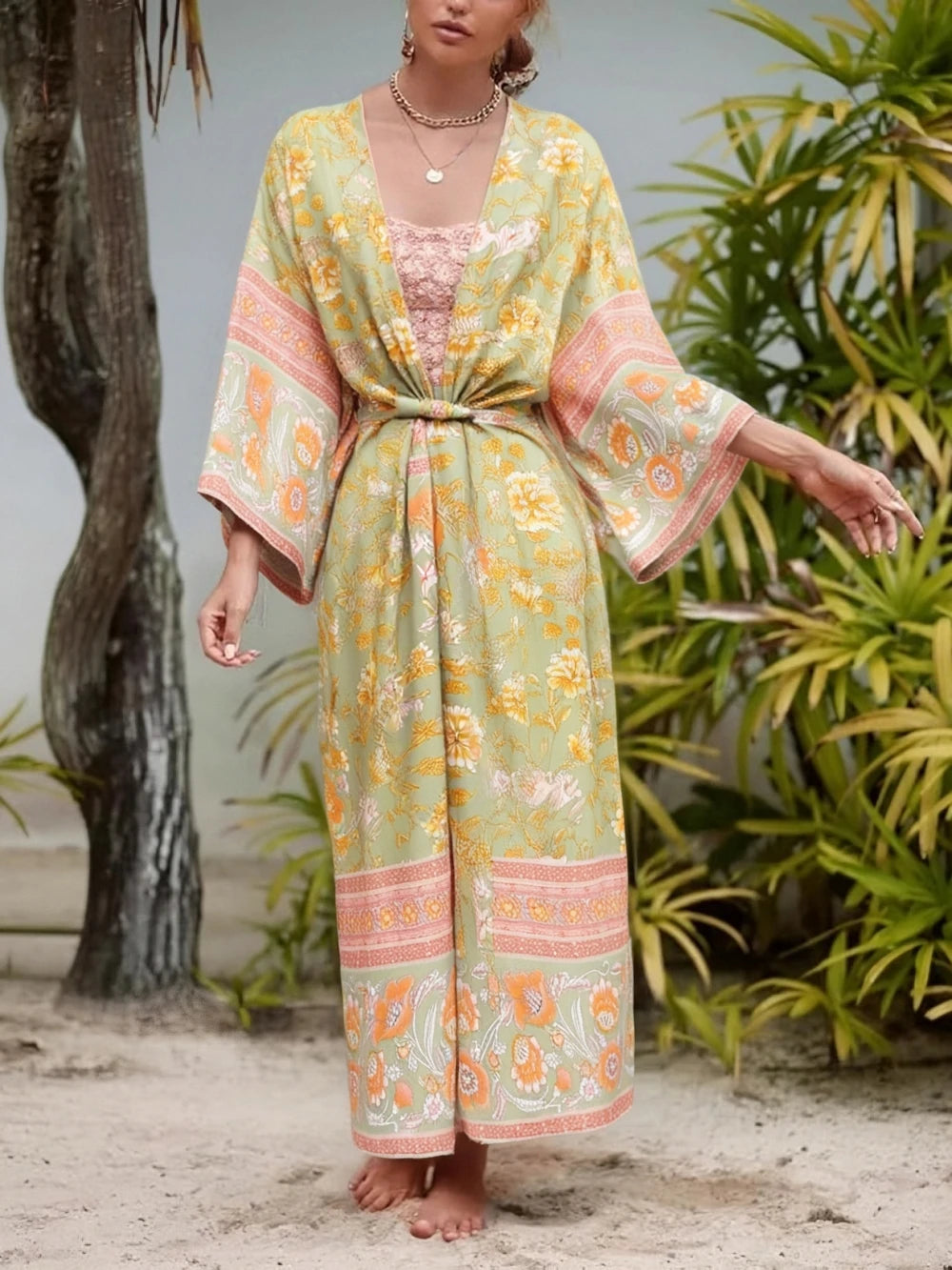 Kimono Long | Vert Fleuri