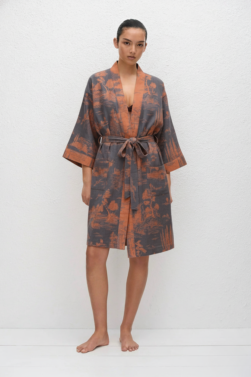 Peignoir Kimono | Orange et Bleu